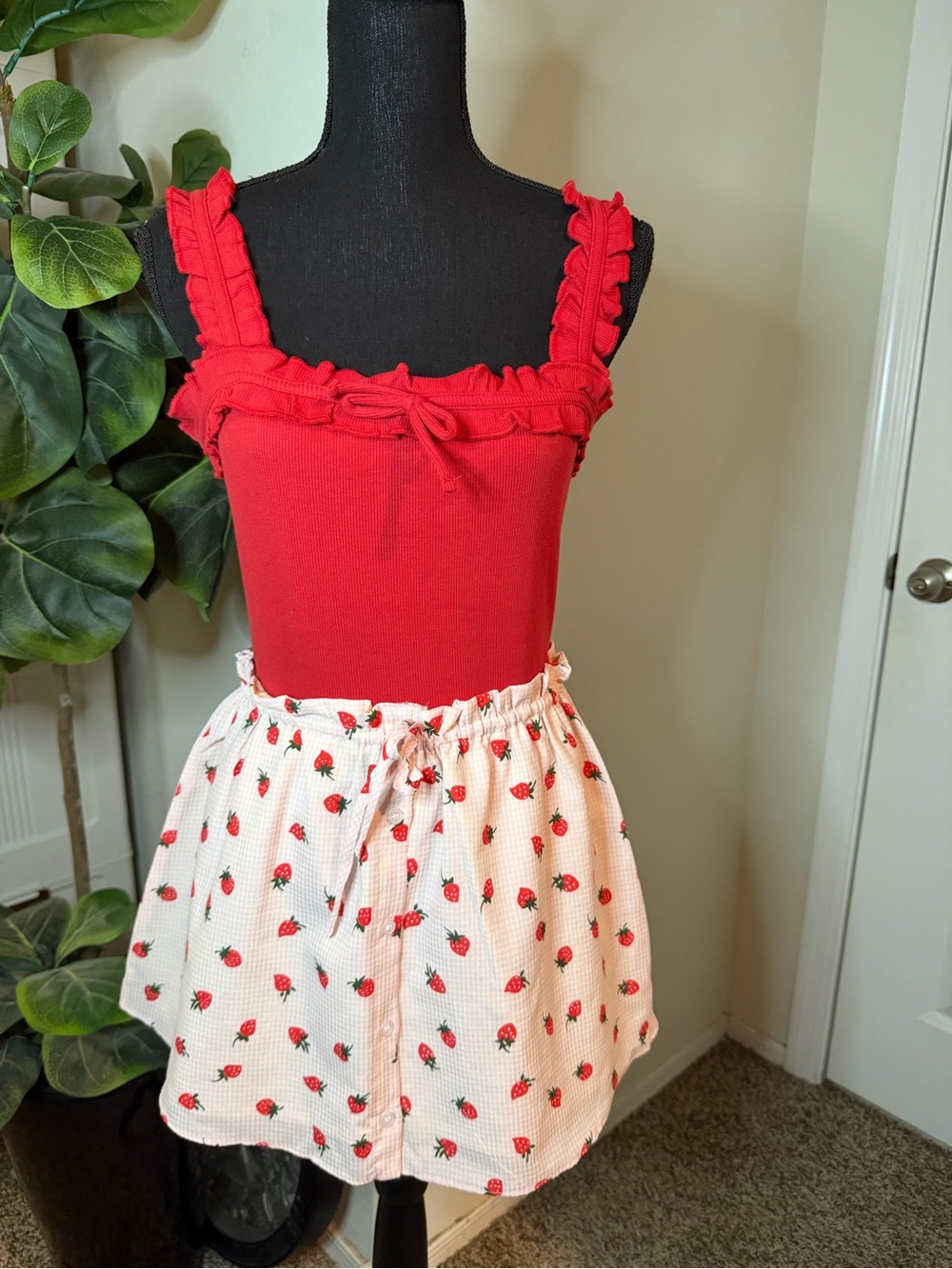 Set of 2 HYFVE Pink Strawberry Mini skirt & Red Top